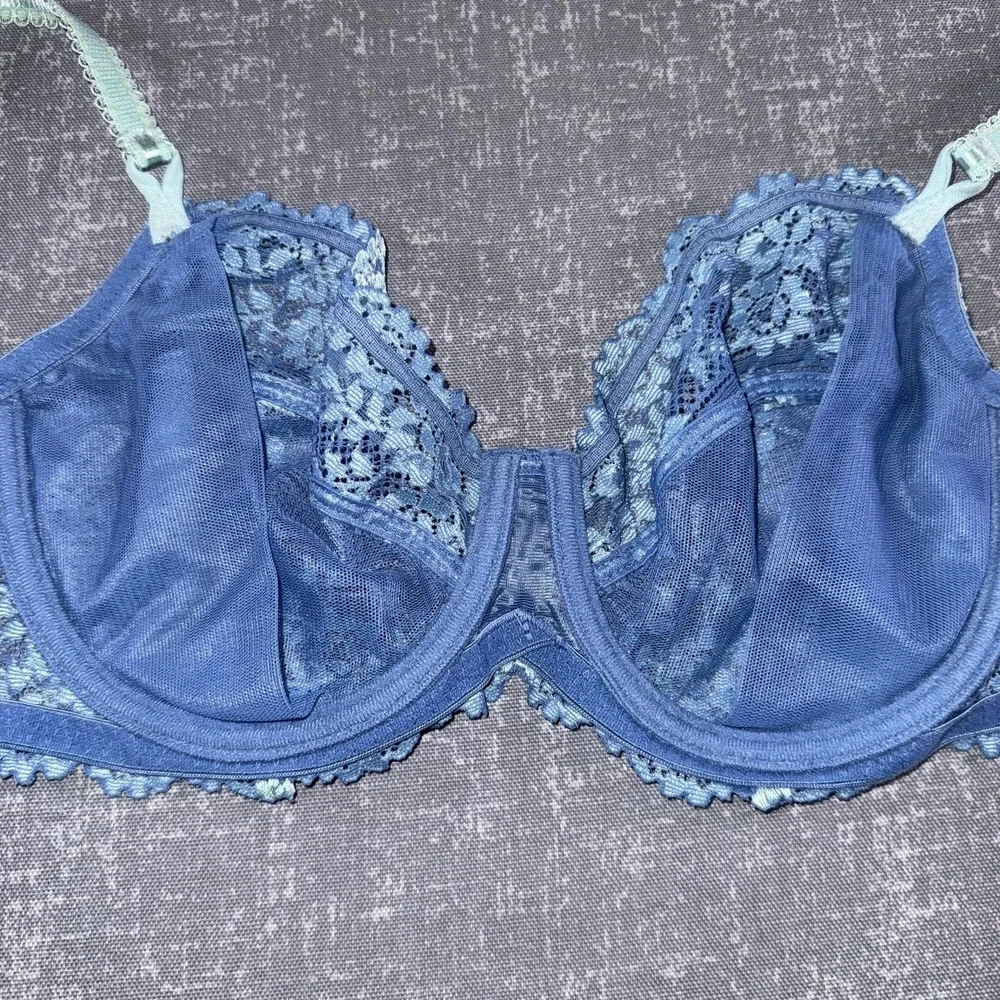 Wacoal Bra Womens 34D Blue Lace Balconette Underwire Unlined Sheer Floral 65191